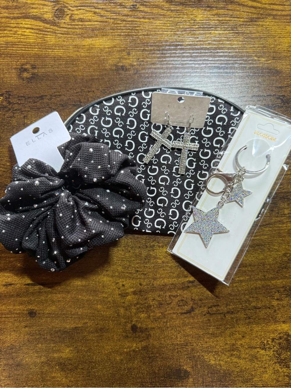 Black Cosmetics Bag with Black Polka Dot Scrunchie & Star Keychain Accessory Set